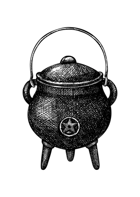 Witch pot with magic symbol sketch. Vintage pan drawing for witchcraft, alchemy. Сooking utensils Ink vector illustration isolated on white background. Hand drawn Halloween design element